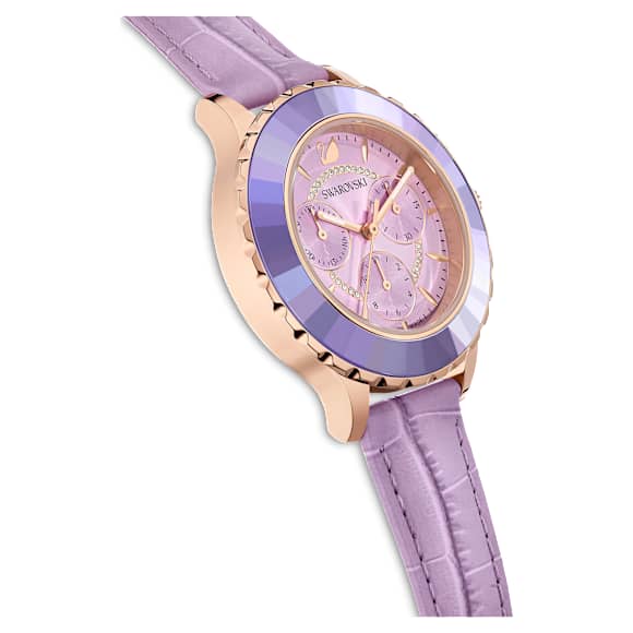 Octea Lux Chrono watch, Swiss Made, Leather strap, Purple, Rose gold-tone finish - Swarovski, 5632263
