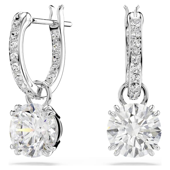 Cercei cu drop Constella, Tăietură rotundă, Albi, Placat cu rodiu - Swarovski, 5636717