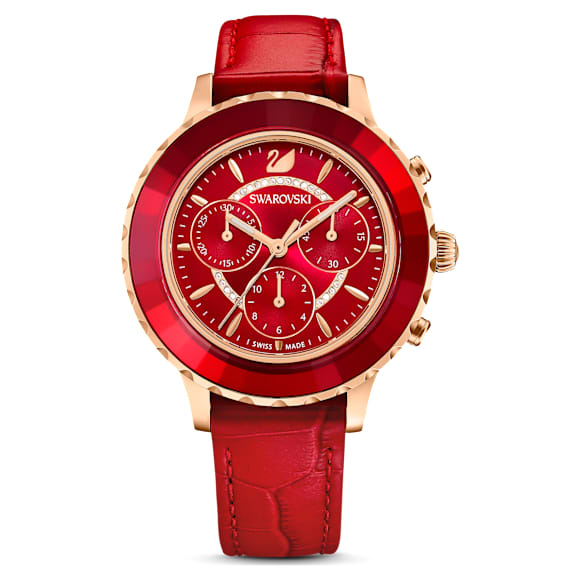 Octea Lux Chrono 腕表, 瑞士制造, 真皮表带, 红色, 玫瑰金色调润饰 - Swarovski, 5646975
