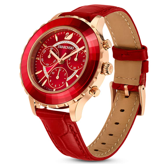 Octea Lux Chrono 腕表, 瑞士制造, 真皮表带, 红色, 玫瑰金色调润饰 - Swarovski, 5646975
