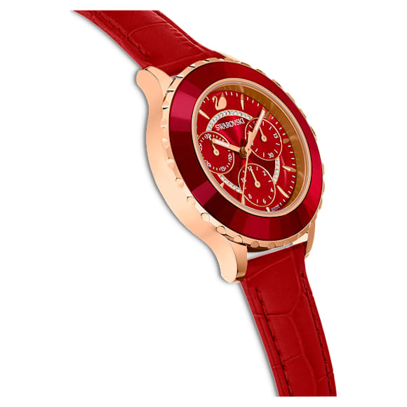 Octea Lux Chrono 腕表, 瑞士制造, 真皮表带, 红色, 玫瑰金色调润饰 - Swarovski, 5646975