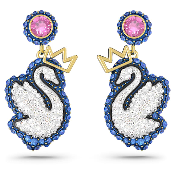Swan 水滴形耳环, 天鹅, 蓝色, 镀金色调 - Swarovski, 5649196