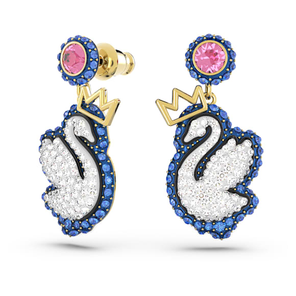 Swan 水滴形耳环, 天鹅, 蓝色, 镀金色调 - Swarovski, 5649196