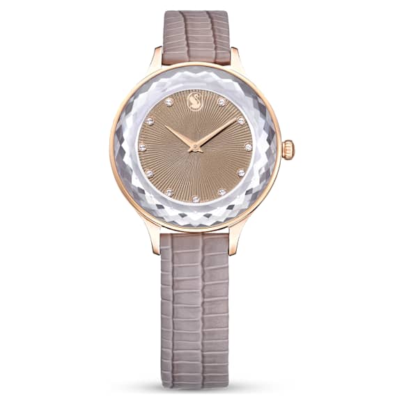 Nova 腕表, 瑞士制造, 真皮表带, 米色, 玫瑰金色调润饰 - Swarovski, 5649999