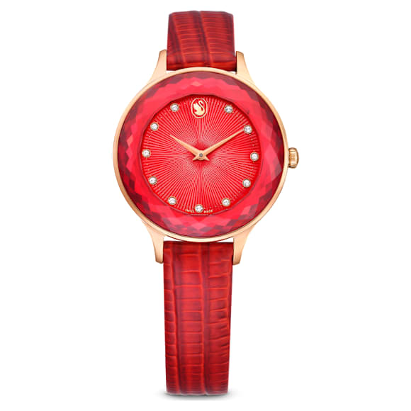 Octea Nova watch, Swiss Made, Leather strap, Red, Rose gold-tone finish - Swarovski, 5650002
