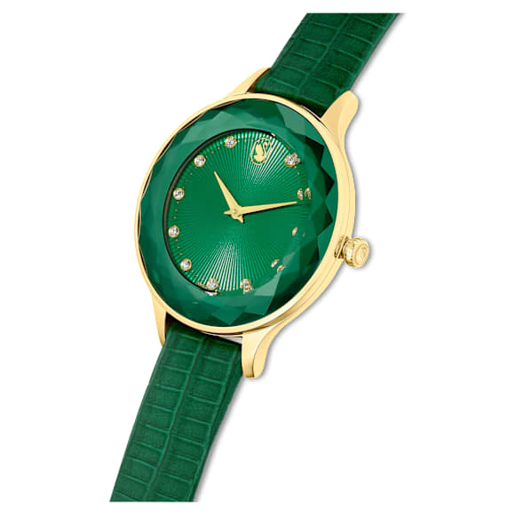 Montre Nova, Fabriqué en Suisse, Bracelet en cuir, Verte, Finition ton doré - Swarovski, 5650005