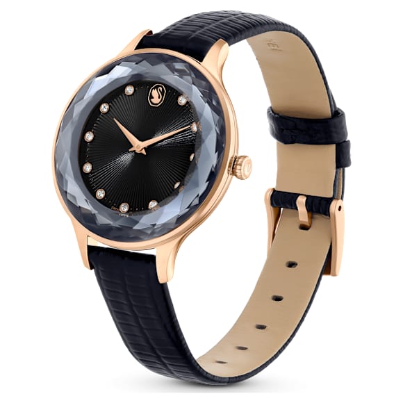 Octea Nova watch, Swiss Made, Leather strap, Black, Rose gold-tone finish - Swarovski, 5650033