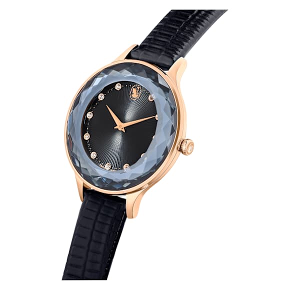 Octea Nova watch, Swiss Made, Leather strap, Black, Rose gold-tone finish - Swarovski, 5650033