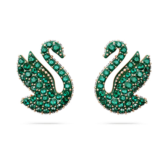 Swan stud earrings, Swan, Green, Rose gold-tone plated - Swarovski, 5650063