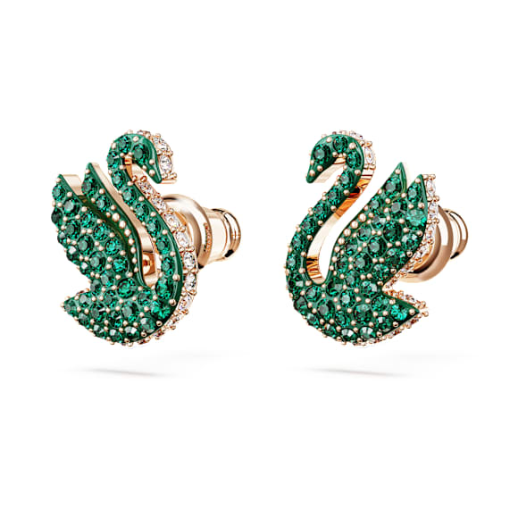 Swan stud earrings, Swan, Green, Rose gold-tone plated - Swarovski, 5650063