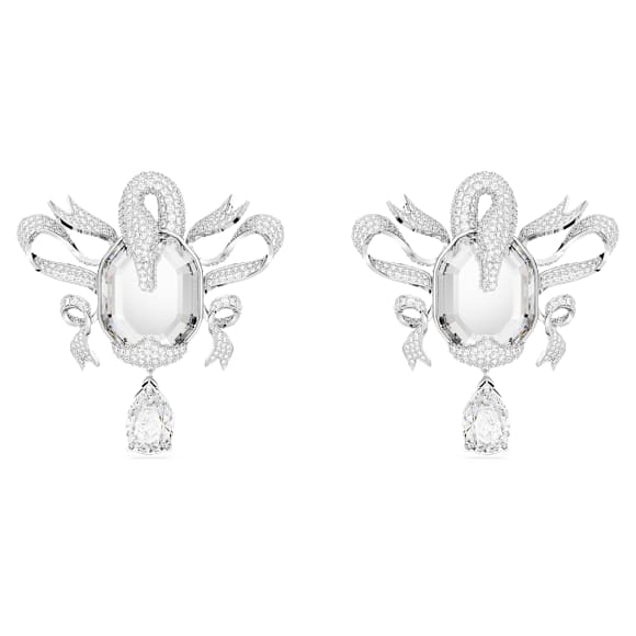 Fashion Swan clip oorbellen, Zwaan, Wit, Rodium toplaag - Swarovski, 5650895