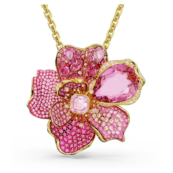 Idyllia pendant and brooch, Pavé, Flower, Pink, Gold-tone plated