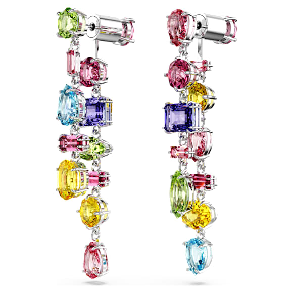 Visací náušnice Gema, Asymetrický design, Různé výbrusy, Dlouhé, Vícebarevné, Pokoveno rhodiem - Swarovski, 5656417