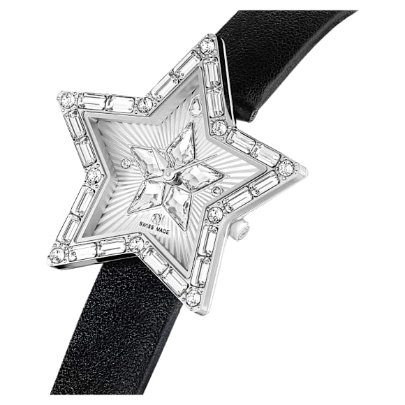 Symbolica Star Klocka, Tillverkad i Schweiz, Stjärna, Läderrem, Vit, Rostfritt stål - Swarovski, 5656952