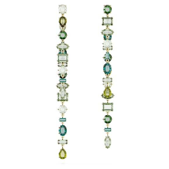Pendants d'oreilles Gema, Design asymétrique, Tailles variées, Extra-longs, Vertes, Placage de ton or - Swarovski, 5657390