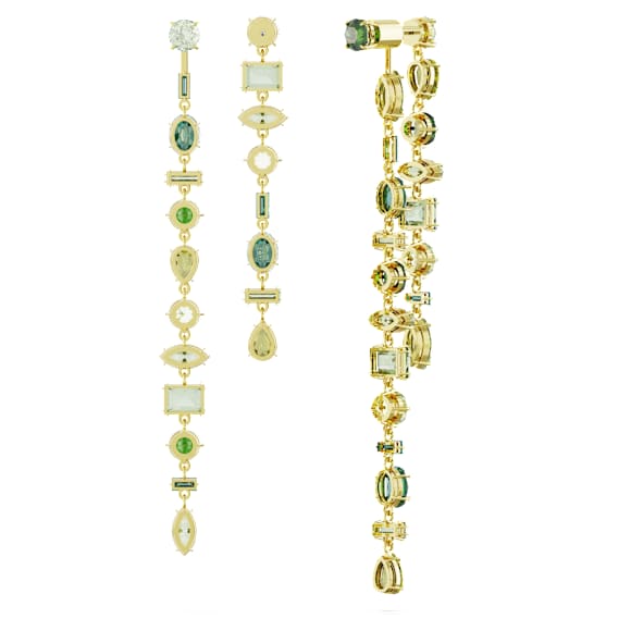 Gema 水滴形耳环, 非对称设计, 混合切割, 超长款, 绿色, 金色饰面 - Swarovski, 5657390