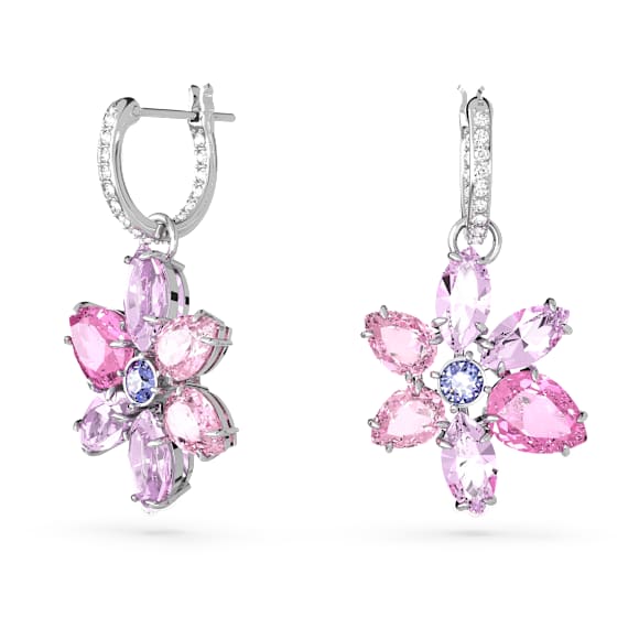 Gema drop earrings, Mixed cuts, Flower, Pink, Rhodium plated - Swarovski, 5658397