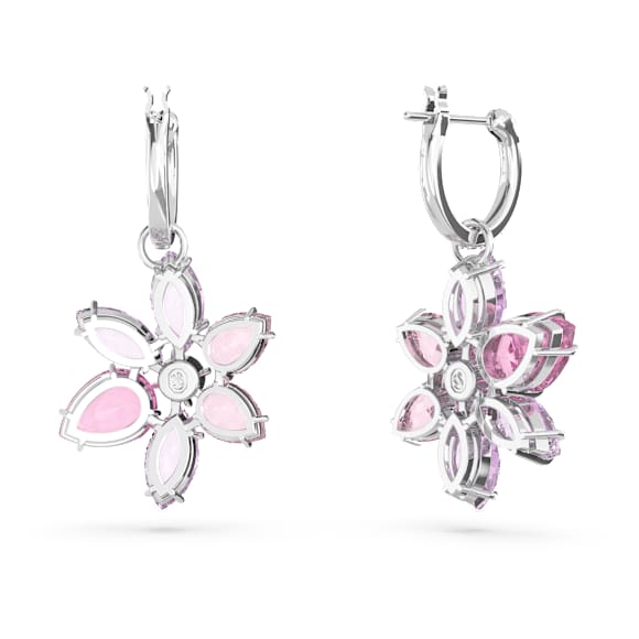 Gema drop earrings, Mixed cuts, Flower, Pink, Rhodium plated - Swarovski, 5658397