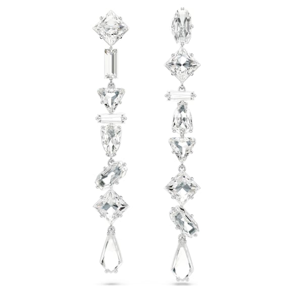 Mesmera drop earrings, Asymmetrical design, Mixed cuts, Long, White, Rhodium plated - Swarovski, 5661687