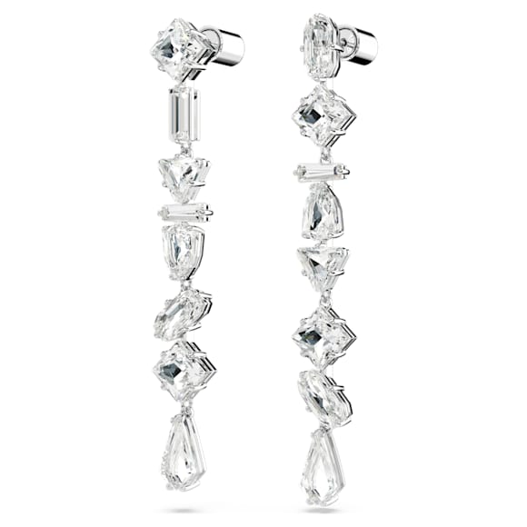Mesmera drop earrings, Asymmetrical design, Mixed cuts, Long, White, Rhodium plated - Swarovski, 5661687