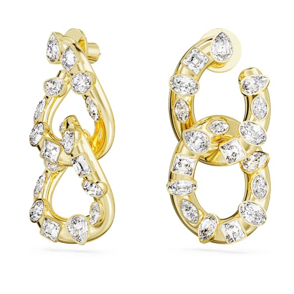 Dextera hoop earrings, Mixed cuts, Interlocking loop, White, Gold-tone plated - Swarovski, 5663263