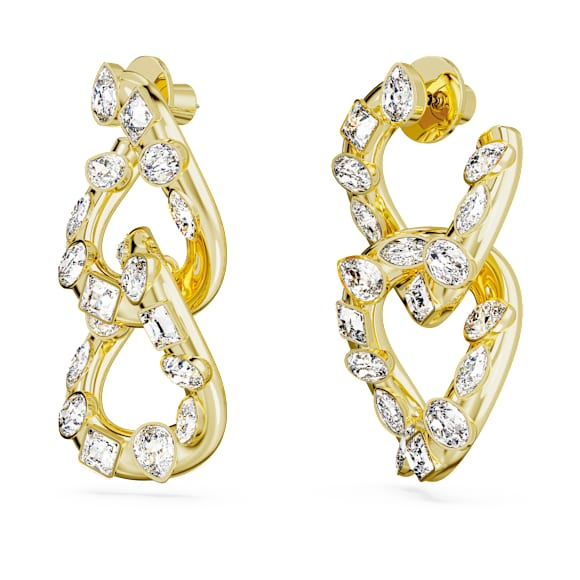 Dextera hoop earrings, Mixed cuts, Interlocking loop, White, Gold-tone plated - Swarovski, 5663263