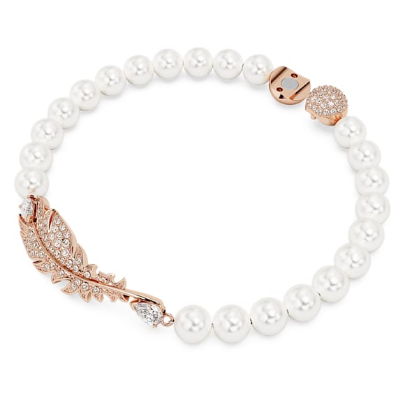 Bracelet Idyllia, Perle de cristal, Plume, Blanc, Doré à l’or rose 18 carats (750/1000) - Swarovski, 5663480