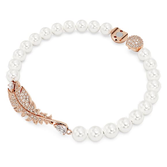 Braccialetto Nice, Chiusura magnetica, Piuma, Bianco, Placcato color oro rosa - Swarovski, 5663481