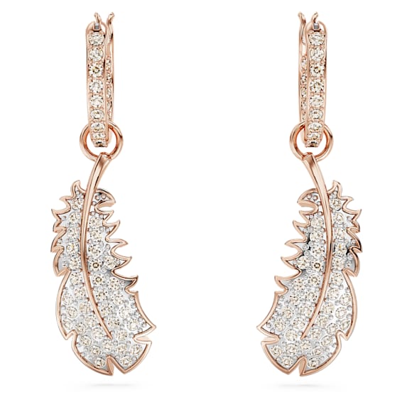 Idyllia drop earrings, Feather, White, 18K rose gold finish - Swarovski, 5663486