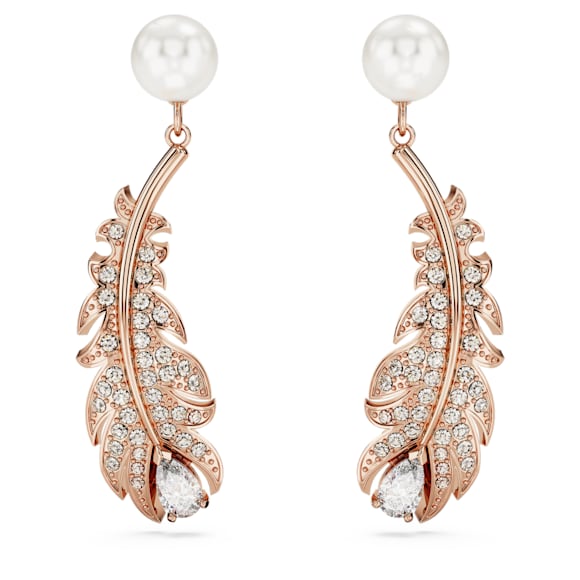 Nice 드롭 이어링, 크리스털 펄, 믹스 컷, 크리스털 펄, 깃털, 화이트, 로즈골드 톤 플래팅 - Swarovski, 5663487