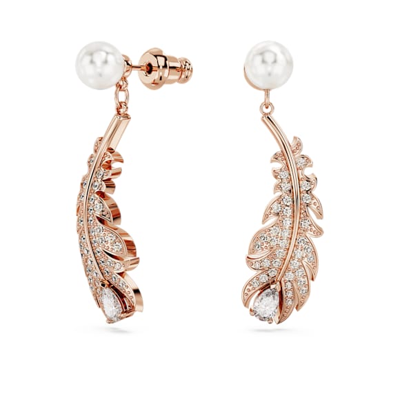 Idyllia Drop-Ohrhänger, Kristallperle, Verschiedene Schliffe, Feder, Weiß, 18K Roségoldbeschichtet - Swarovski, 5663487