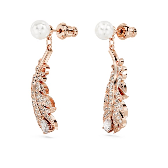 Idyllia Drop-Ohrhänger, Kristallperle, Verschiedene Schliffe, Feder, Weiß, 18K Roségoldbeschichtet - Swarovski, 5663487