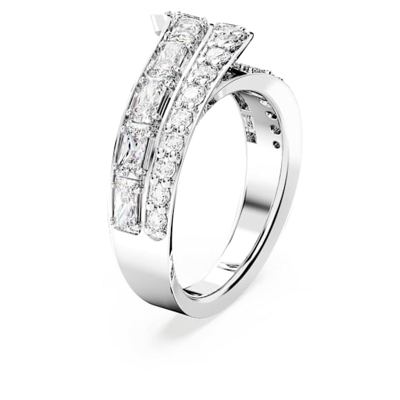 Hyperbola cocktail ring, Mixed cuts, Double bands, White, Rhodium plated - Swarovski, 5665347