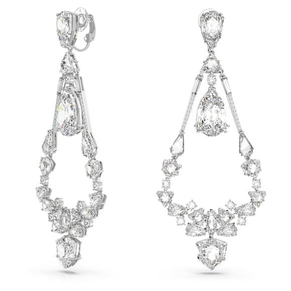Mesmera 夹式耳环, 混合切割、垂饰, 长款, 白色, 镀铑 - Swarovski, 5665827