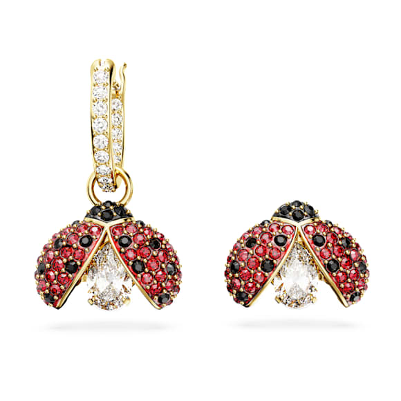 Idyllia drop earrings, Asymmetrical design, Ladybug, Red, Gold-tone plated - Swarovski, 5666131