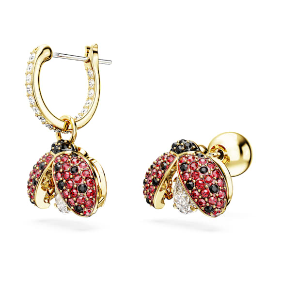 Idyllia drop earrings, Asymmetrical design, Ladybug, Red, Gold-tone plated - Swarovski, 5666131