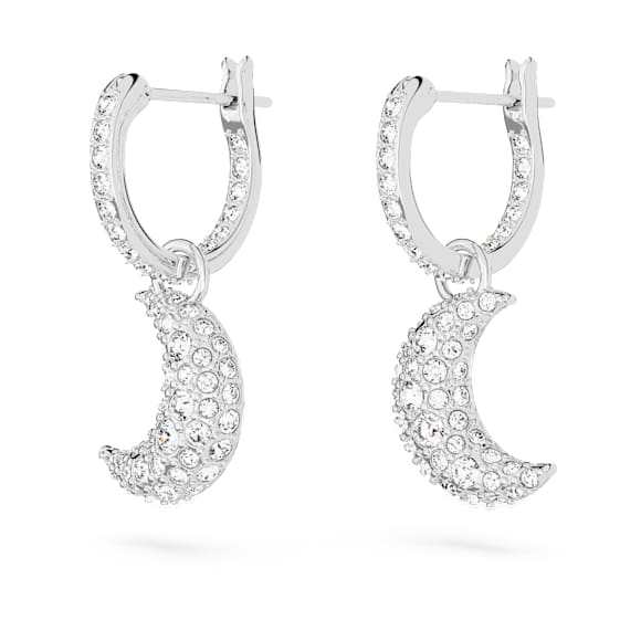 Luna drop earrings, Moon, White, Rhodium plated - Swarovski, 5666157