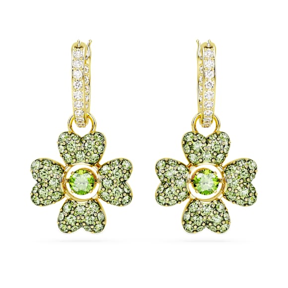 Orecchini pendenti Idyllia, Quadrifoglio, Verdi, Finitura oro 18K - Swarovski, 5670664