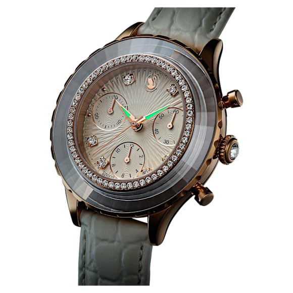 Octea Chrono watch, Swiss Made, Leather strap, White, Rose gold-tone finish - Swarovski, 5671150
