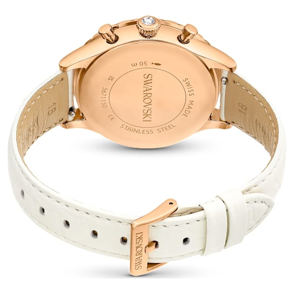 Ročna ura Octea Chrono, Izdelano v Švici, Usnjeni jermen, Bela, Prevleka v rožnato zlatem odtenku - Swarovski, 5671150