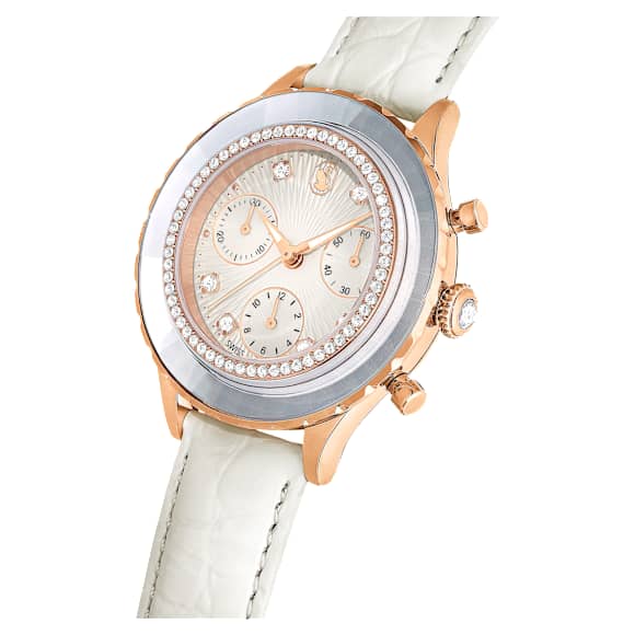 Octea Chrono Saat, İsviçre Üretimi, Deri kayış, Beyaz, Pembe altın rengi yüzey - Swarovski, 5671150