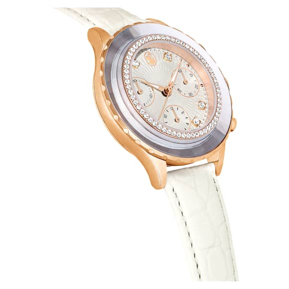 Octea Chrono Saat, İsviçre Üretimi, Deri kayış, Beyaz, Pembe altın rengi yüzey - Swarovski, 5671150