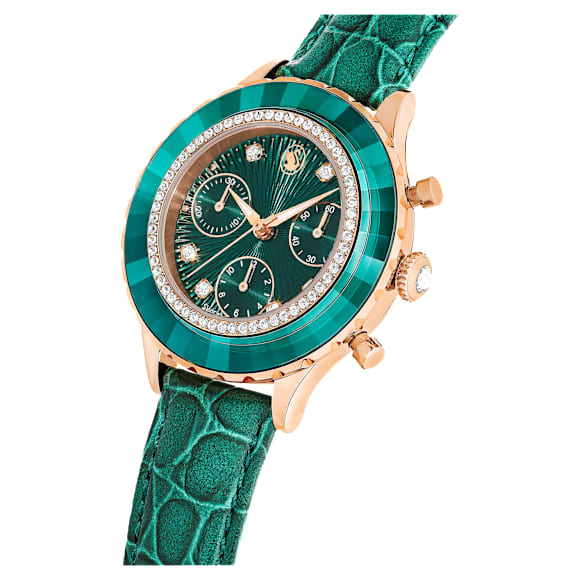 Octea Chrono horloge, Swiss Made, Lederen band, Groen, Roségoudkleurige afwerking - Swarovski, 5672931