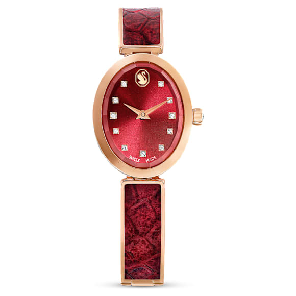 Crystal Rock Oval watch, Swiss Made, Metal bracelet, Red, Rose gold-tone finish - Swarovski, 5675998