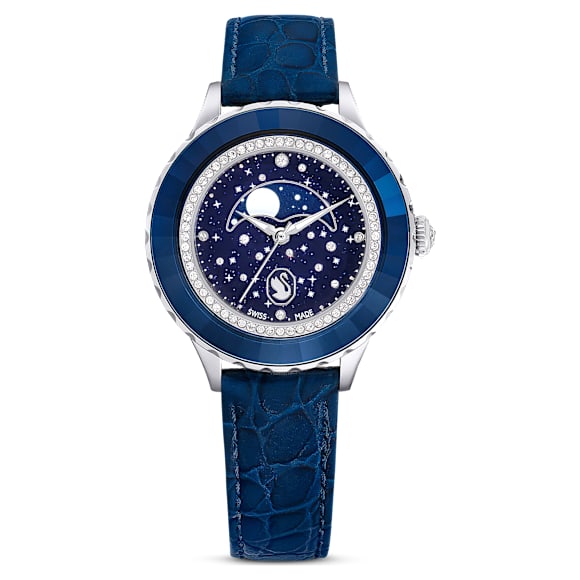 Octea Moon watch, Swiss Made, Moon, Leather strap, Blue, Stainless steel - Swarovski, 5677494
