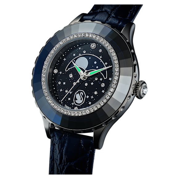 Octea Moon watch, Swiss Made, Moon, Leather strap, Blue, Stainless steel - Swarovski, 5677494