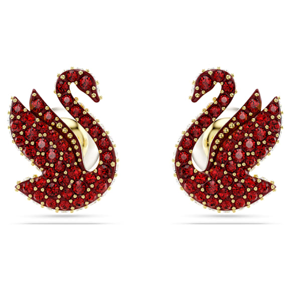 Swan düğme Küpeler, Kristal inci, Kuğu, Kırmızı, 18k altın rengi yüzey - Swarovski, 5677597