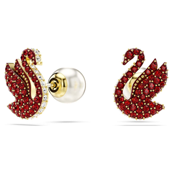 Swan 耳钉, 仿水晶珍珠, 天鹅, 红色, 金色饰面 - Swarovski, 5677597