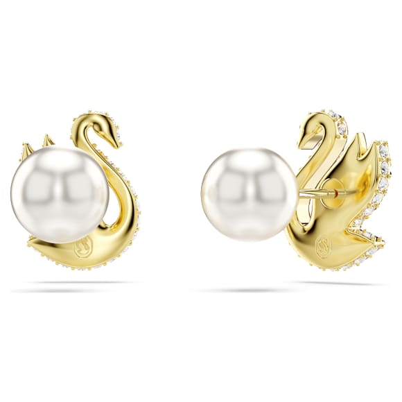 Swan düğme Küpeler, Kristal inci, Kuğu, Kırmızı, 18k altın rengi yüzey - Swarovski, 5677597