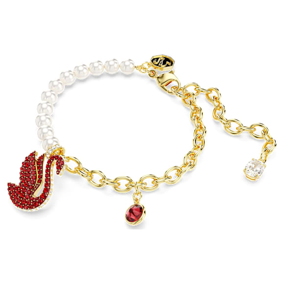 Swan 手链, 仿水晶珍珠, 天鹅, 红色, 金色饰面 - Swarovski, 5677792